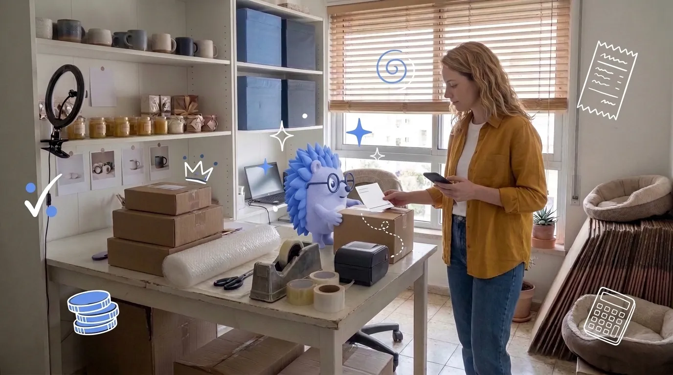 דנה, בעלת חנות אונליין, מכינה את הזמנות היום. קיפי, המסקוט של Keep, מגיש לה את החבילה הבאה.