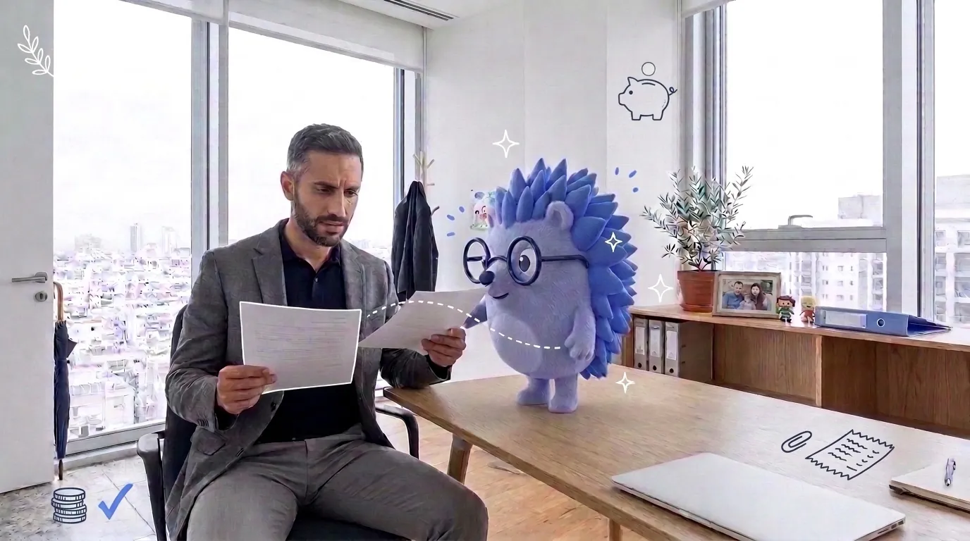 אבי, יועץ שיווק, מחזיק חשבונית שצריך לבטל. קיפי, המסקוט של Keep, מגיש לו את המסמך המתוקן.