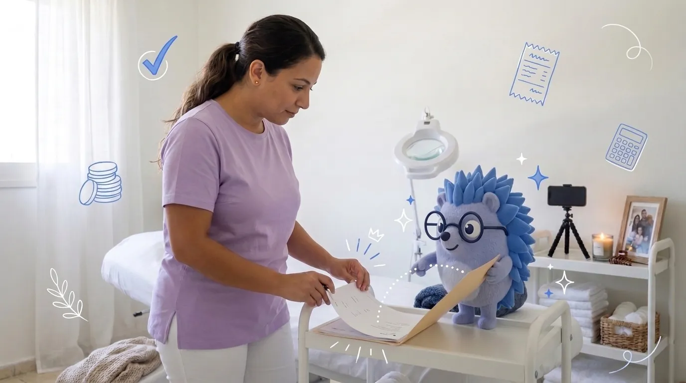 מיכל, קוסמטיקאית, עוברת על תיקיית המסמכים של החודש. קיפי, המסקוט של Keep, מחזיק את התיקייה פתוחה ומצביע על העמוד הבא.