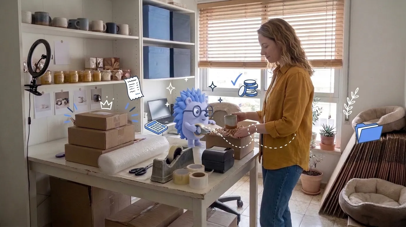 דנה, בעלת חנות אונליין, אורזת הזמנה אחרי הזמנה ביום מכירות עמוס. קיפי, המסקוט של Keep, סוגר את הקופסה שהיא סיימה לארוז.