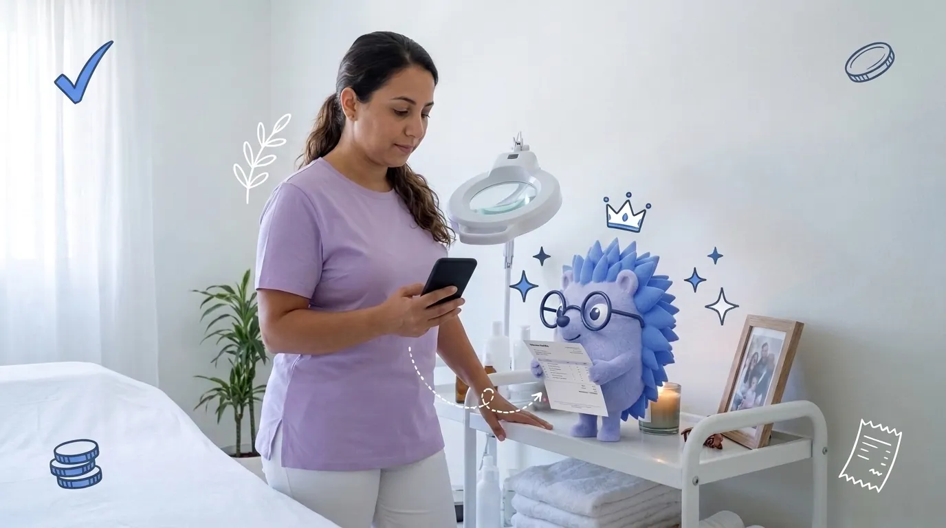 מיכל, קוסמטיקאית, מכינה דרישת תשלום אחרי טיפול. קיפי, המסקוט של Keep, מחזיק את החשבונית ליד הטלפון שלה.