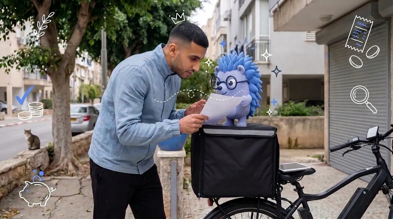 אמיר, שליח, בודק מסמך בין משלוחים. קיפי, המסקוט של Keep, עומד על ארגז המשלוחים ומצביע על הדף.