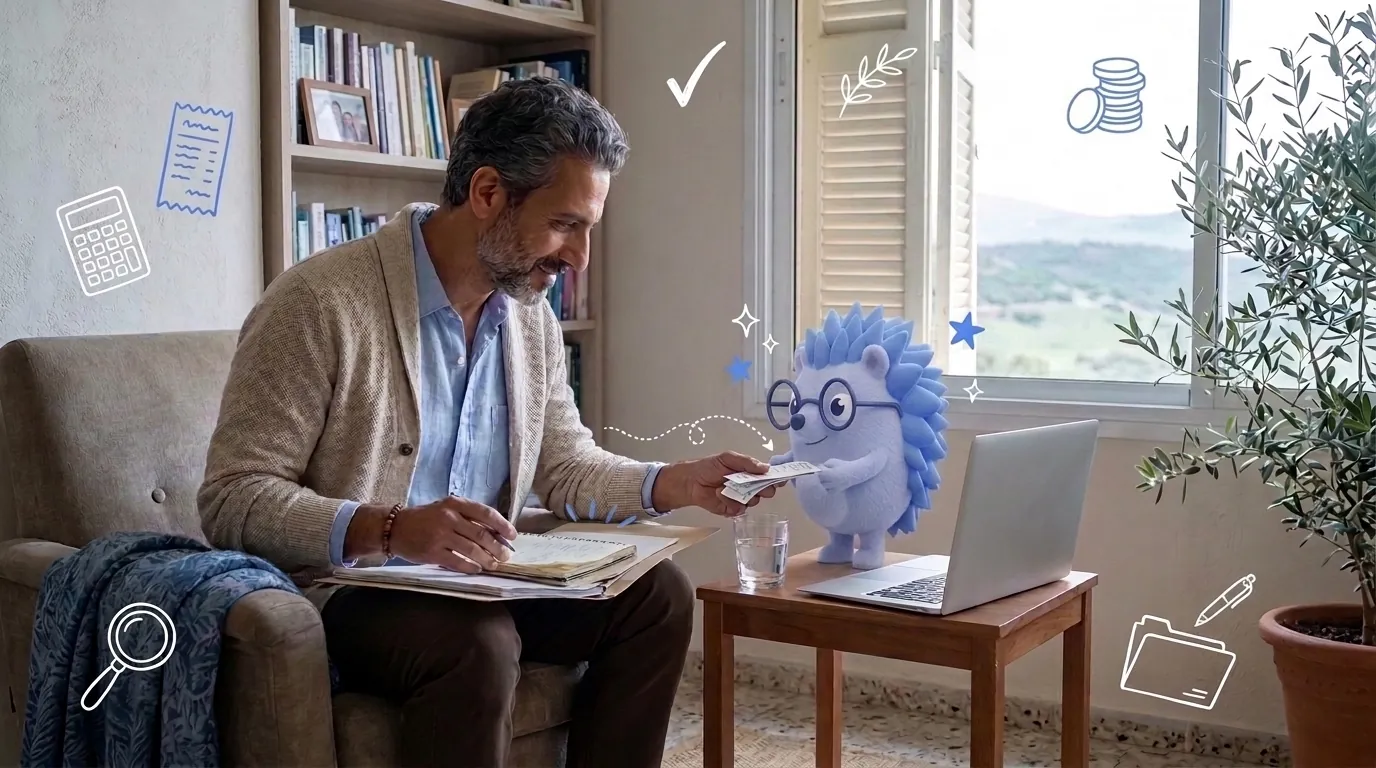 טובי, מטפל, עובר על המחברת שלו בסוף השבוע. קיפי, המסקוט של Keep, מגיש לו את הקבלות של השבוע.