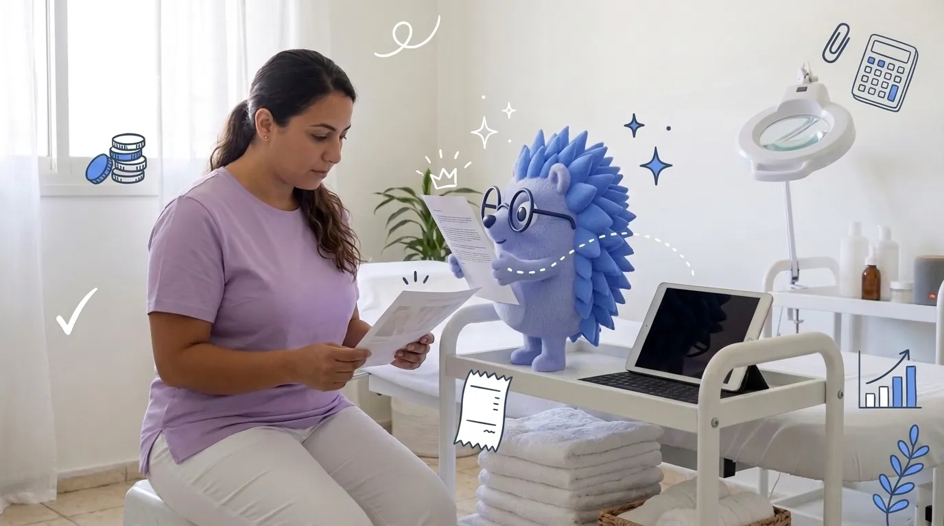 מיכל, קוסמטיקאית, בודקת כמה יעלה לה רואה חשבון. קיפי, המסקוט של Keep, מחזיק את הצעת המחיר השנייה.