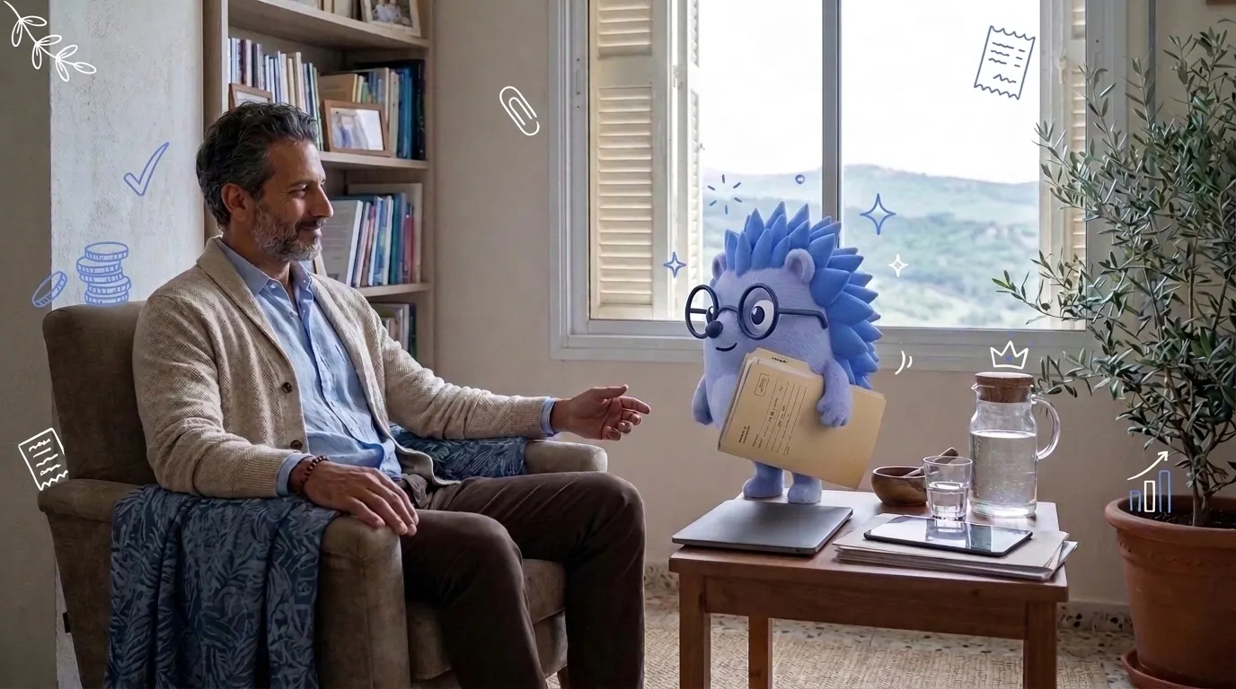 טובי, מטפל, נח בכורסה ליד תיקייה של ניירת. קיפי, המסקוט של Keep, לוקח את התיקייה מתחת לזרוע.