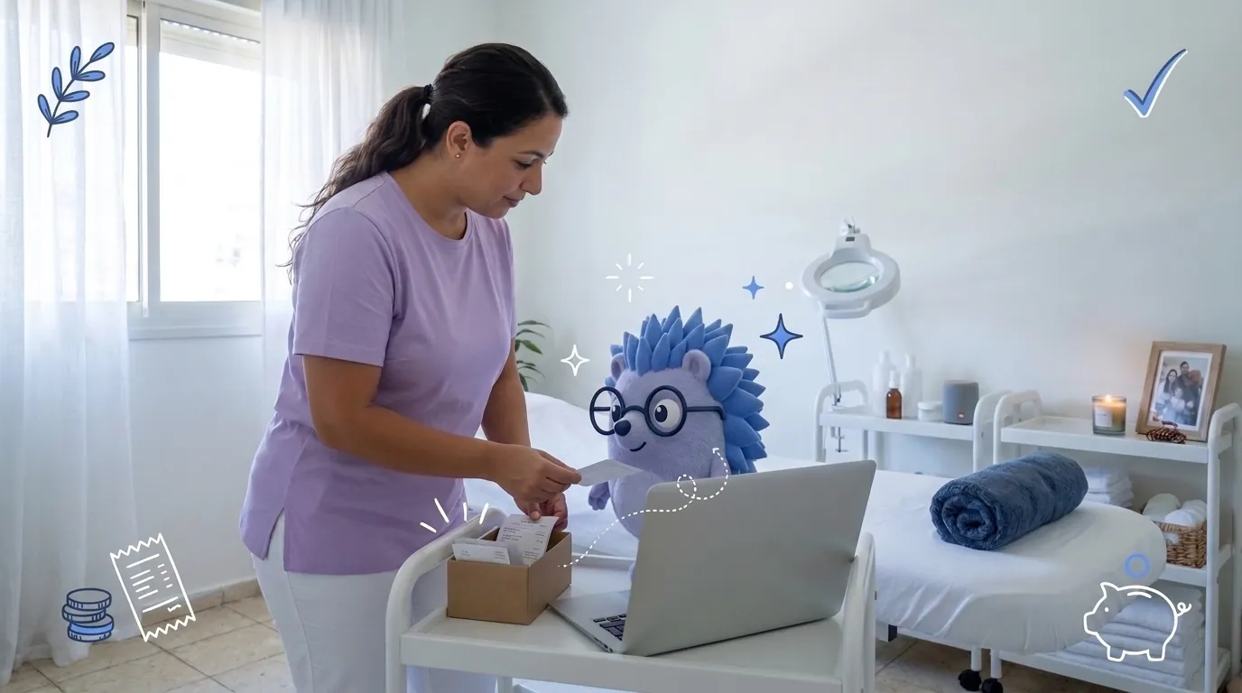 מיכל, קוסמטיקאית, מסדרת את העגלה בין לקוחות. קיפי, המסקוט של Keep, מתייק את קבלות היום בקופסה קטנה.