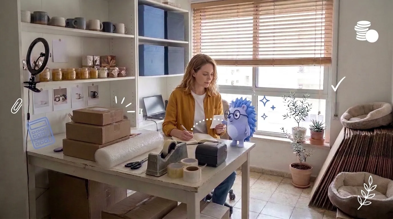 דנה, בעלת חנות אונליין, רושמת במחברת את ההכנסות וההוצאות של היום. קיפי, המסקוט של Keep, מראה לה את קבלות הספקים אחת אחת.