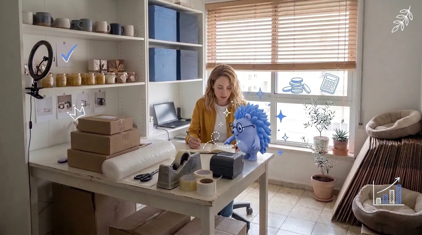 דנה, בעלת חנות אונליין, מתכננת בשקט במחברת בשבוע רגוע. קיפי, המסקוט של Keep, מצביע על הערה בדף.