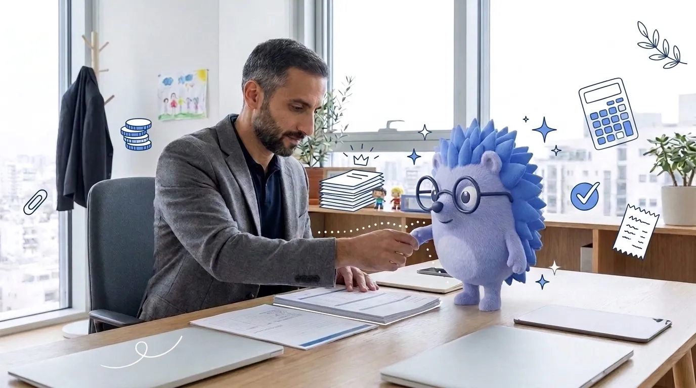 אבי, יועץ שיווק, פותח את העסק בעצמו, טפסים על השולחן. קיפי, המסקוט של Keep, מושיט לו עט במקום הנכון בטופס.