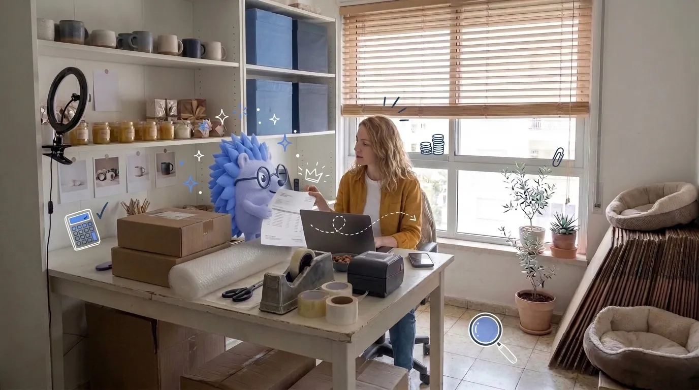 דנה, בעלת חנות אונליין, נרשמת למע״מ במחשב הנייד. קיפי, המסקוט של Keep, מחזיק את ערימת החשבוניות של החודש.