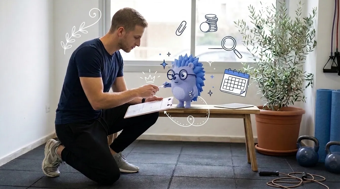 צחי, מאמן כושר, ממלא טופס על הברך בין אימונים. קיפי, המסקוט של Keep, מושיט לו עט ומראה איפה לחתום.