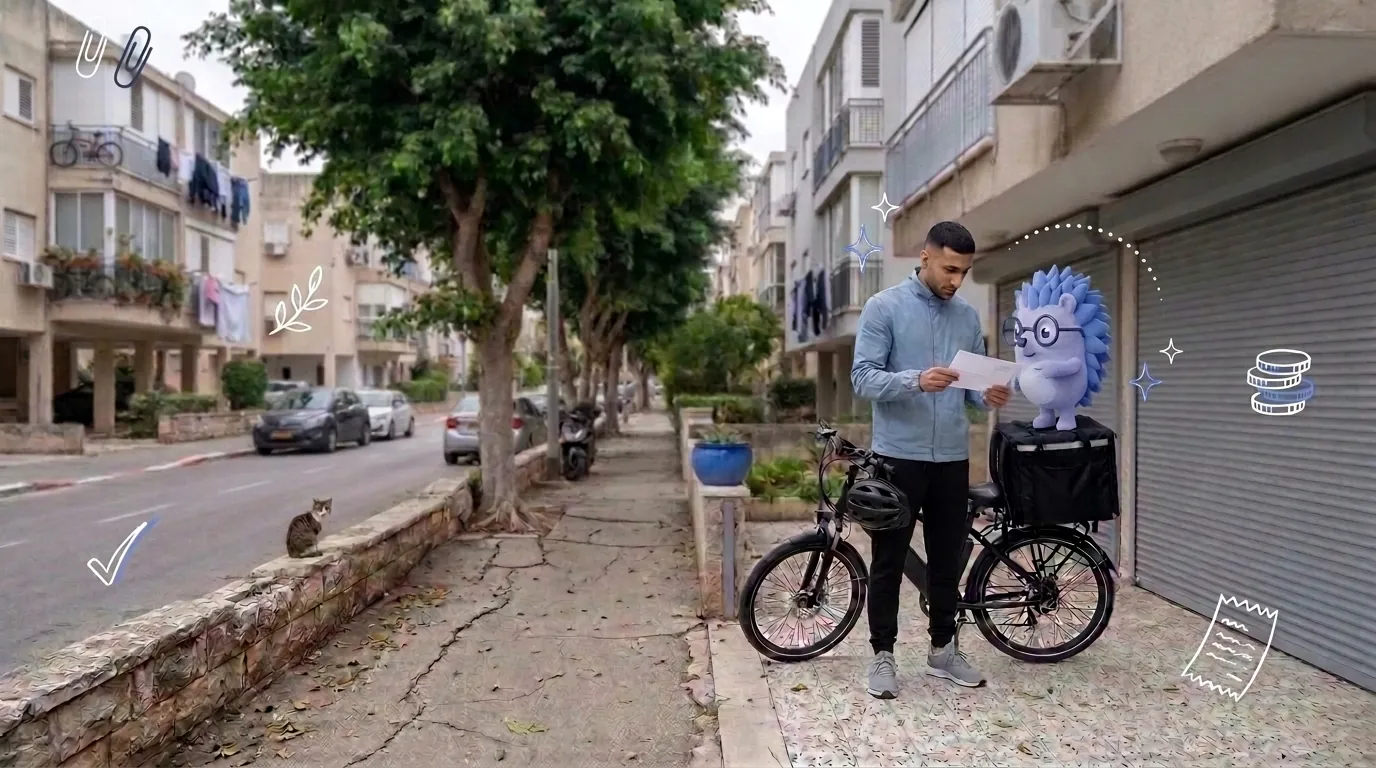 אמיר, שליח, עומד ליד האופניים החשמליים עם מכתב מהרשויות. קיפי, המסקוט של Keep, מחזיק את המעטפה ומצביע על מה שחשוב.