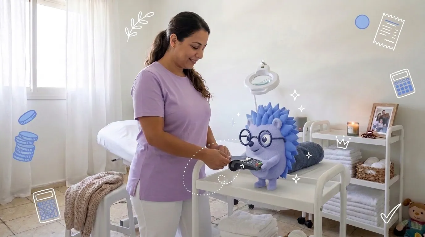 מיכל, קוסמטיקאית, גובה תשלום בכרטיס אשראי אחרי טיפול. קיפי, המסקוט של Keep, מחזיק את מסוף הסליקה יציב על העגלה.