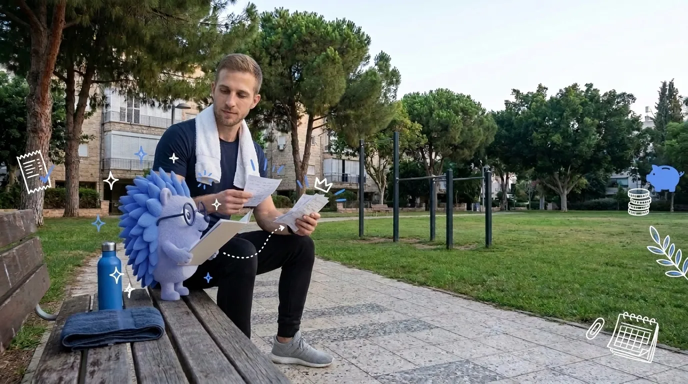 צחי, מאמן כושר, משווה בין פתקים מקומטים לתיקייה מסודרת. קיפי, המסקוט של Keep, מגיש לו את התיקייה המסודרת.