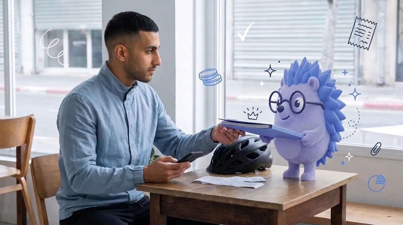 Amir, a delivery courier, sits in a café on a break, his helmet and receipts on the table. Keepy, the Keep mascot, hands him a blue folder with the documents sorted.