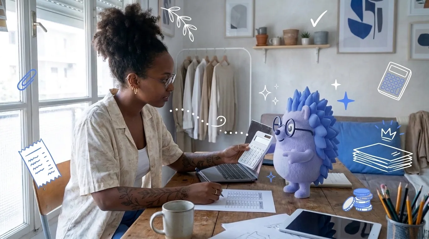 Noa, a graphic designer, compares two ways of working out her income tax. Keepy, the Keep mascot, hands her a calculator and points at the result.
